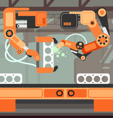 Sticker - Manufacturing assembly conveyor production line with robotic arm. Heavy industry vector concept