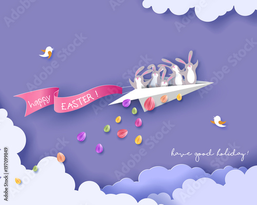 Happy Easter Card With Bunny Flying On Paper Airplane On Purple Sky Background Vector Illustration Paper Cut And Craft Style Buy This Stock Vector And Explore Similar Vectors At Adobe Stock