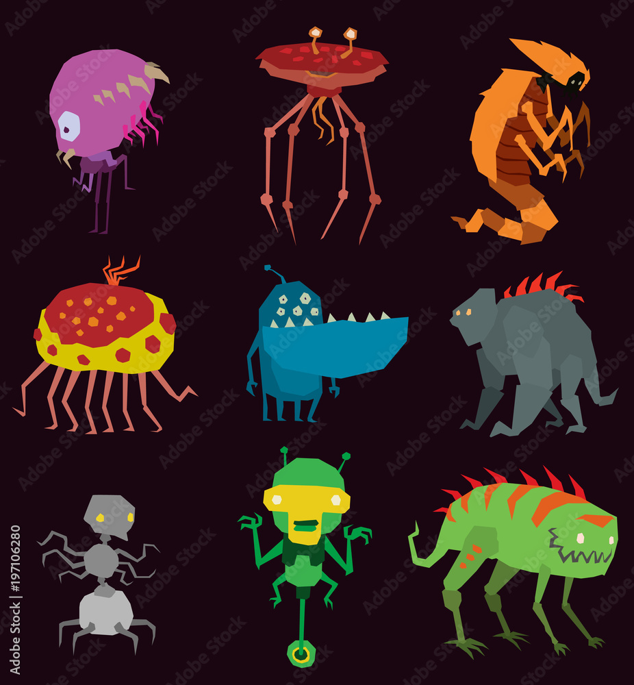 Vector aliens monsters set graphic mutant collection of colorful toy ...