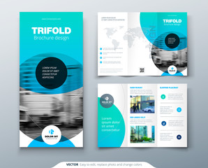 Wall Mural - tri fold brochure design. blue business template for tri fold flyer. layout with modern circle photo