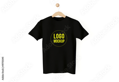 Download Black T-shirt on Wooden Hanger Mockup Stock Template | Adobe Stock