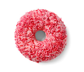 Poster - Delicious pink donut on white background