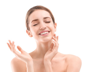 Young woman with beautiful silky skin on white background