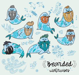 Wall Mural - Hipster walruses with beards and tattoos in cartoon style. Vector illustration