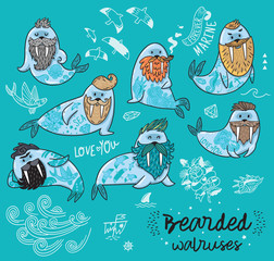 hipster walruses with beards and tattoos in cartoon style. vector illustration