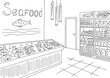 Grocery store graphic seafood fish shop interior black white sketch illustration vector