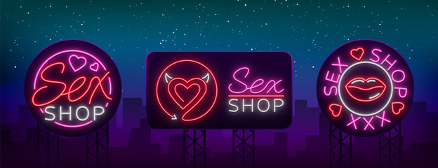 Wall Mural - Collection logo Sex shop, night sign in neon style. Neon sign, a symbol for sex shop promotion. Adult Store. Bright banner, nightly advertising. Vector Illustration