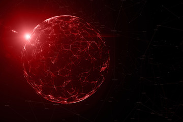 Wall Mural - red colored abstract network data globe with flare of light, view from space. illustration backgroun