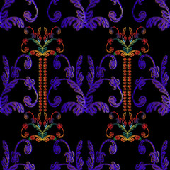 Naklejka na meble Striped embroidery Baroque seamless pattern. Vintage vector background. Abstract grunge wallpaper. Floral tapestry ornaments with embroidered baroque flowers, scroll leaves, vertical border stripes.