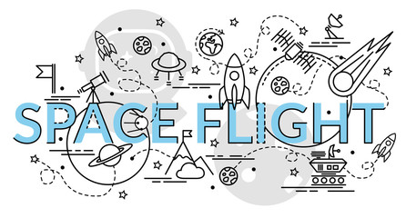 Wall Mural - Flat colorful design concept for Space Flight. Infographic idea of making creative products..Template for website banner, flyer and poster.