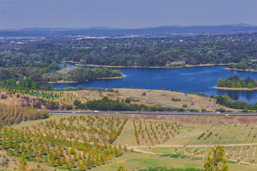 Poster - Aerial view of Lake Burley Griffin from National Arboretum, Canberra, Australia