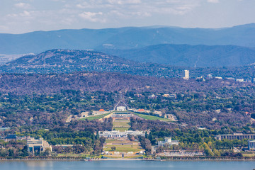 Poster - View of Parliament House with mountains on background from Ainslie Lookout. Canberra, ACT, Australia