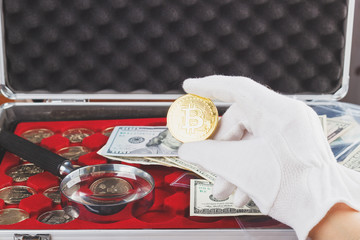 Hand in the white glove with a gold coin