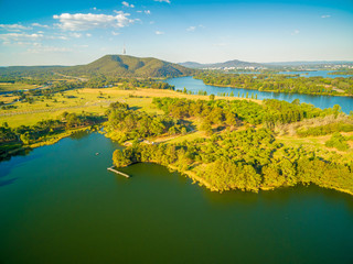 Aerial view of Lake Burley Griffin and iconic Telstra tower in Canberra, Australia