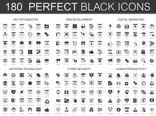 Poster - Seo optimization, web development, digital marketing, network technology, cyber security, human productivity black classic icon set.