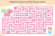 Vector maze game. Help the unicorn to find the ice cream. Children educational game
