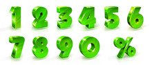 Green Shiny Numbers And Percent Sign Set. 3d Styled Illustration