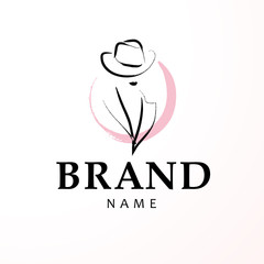 Wall Mural - vector artistic logo with hand drawn lady in hat portrait isolated on white background. outline draw