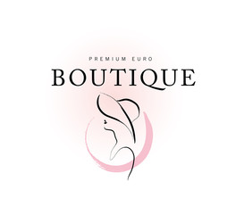 Wall Mural - vector artistic logo with hand drawn lady in hat portrait isolated on white background. outline draw