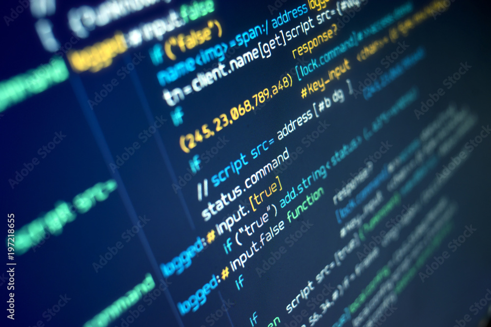 Modern programming source code on a computer screen. Background Stock ...