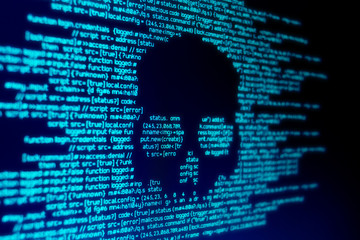Wall Mural - computer code on a screen with a skull representing a computer virus / malware attack.