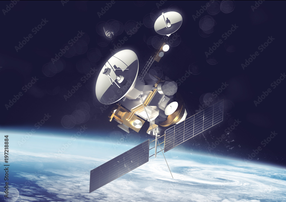 A satellite probe tracking information and data in space. 3D Illustration - obrazy, fototapety, plakaty 