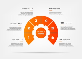 Wall Mural - Chart of percentage infographics. Element of graph, diagram with 6 options - parts, processes, timeline. Vector business template for presentation, workflow layout, annual report.