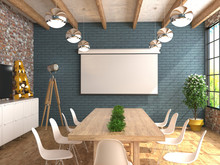 A Meeting Room With An Empty White Screen For The Projector On The Wall. The Interior Of The Conference Hall In Loft Style. 3D Visualization.