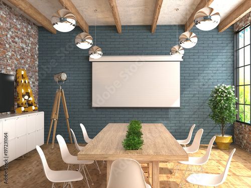 A Meeting Room With An Empty White Screen For The Projector