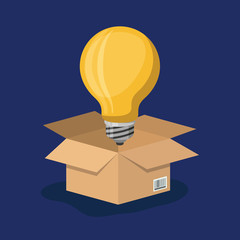 Poster - cardboard box opened with big light bulb in dark blue background