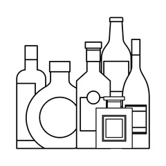 Poster - collection bottles liquor beverage drink vector illustration outline design