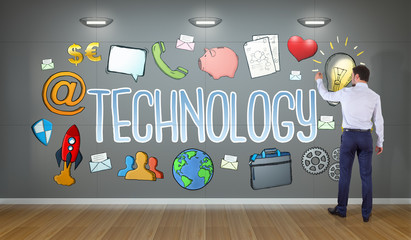Poster - Businessman drawing technology sketch on a wall 3D rendering