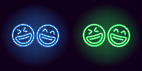 Wall Mural - Blue and green neon laughing emoji, fool day