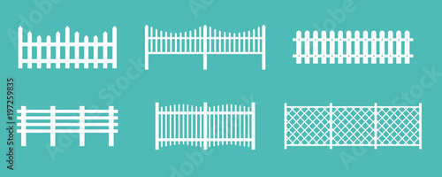Photographie Vector illustration set of white rural wooden fences, silhouettes fence for garden and house concepts, flat cartoon style