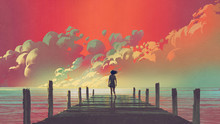 Beautiful Scenery Of The Woman Standing Alone On A Wooden Pier Looking At Colorful Clouds In The Sky, Digital Art Style, Illustration Painting