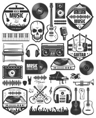 Set of vector music elements. icons for audio store, recording studio label. Set of badges and logos of rock music and rap, classical, electronic music and disco. symbols and emblems.