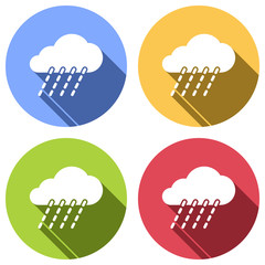 Wall Mural - rain, weather icon. Set of white icons with long shadow on blue, orange, green and red colored circles. Sticker style