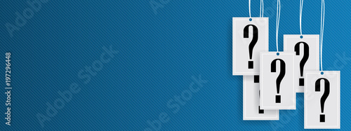 Fotografía Hanging question stickers header. Question mark hanging concept.