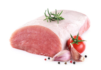 Wall Mural - Raw pork loin with tomato, pepper, rosemary and garlic isolated on white background. Fresh meat.