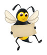 The funny bee keeps a clean sheet of paper in his hand, isolated on the white background. Raster illustration.
