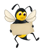 The Funny Bee Keeps A Clean Sheet Of Paper In His Hand, Isolated On The White Background. Raster Illustration.