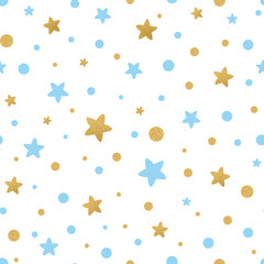 Wall Mural - Vector seamless pattern decoreted gold blue stars for Christmas backgound, birthday baby shower textile