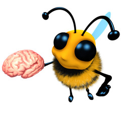 Wall Mural - 3d Funny cartoon honey bee character holding a human brain