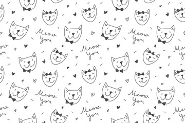 Poster - Cats in love, vector seamless pattern with cartoon cat faces and lettering Meow You