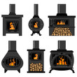 Iron wood burning stove with firewood and fire set. Vector flat old vintage fireplaces isolated on a white background.