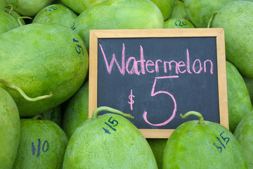 Wall Mural - Watermelons on display with a sign in Rarotonga market Cook Islands