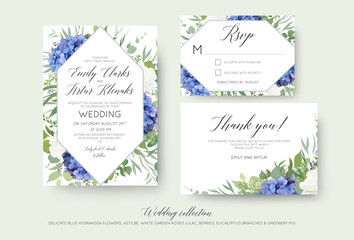 Wall Mural - Wedding floral invite, rsvp, thank you cards design with elegant blue hydrangea flowers, white garden roses, lilac, green eucalyptus branches, greenery leaves & geometrical frame. Luxury beautiful set
