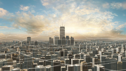 Aerial view of city skyline with futuristic network connections. Futuristic technology related concept.