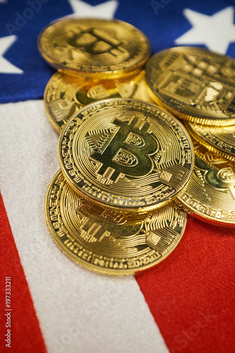 Bitcoin Gold Color On The Flag Of Usa Cryptocurrency On Background - 