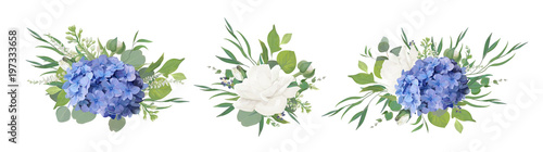 Vector floral bouquet design: blue hydrangea flower, garden peony Rose, anemone poppy, ranunculus bud, white lilac, eucalyptus branches & greenery leaves Poster Mural XXL